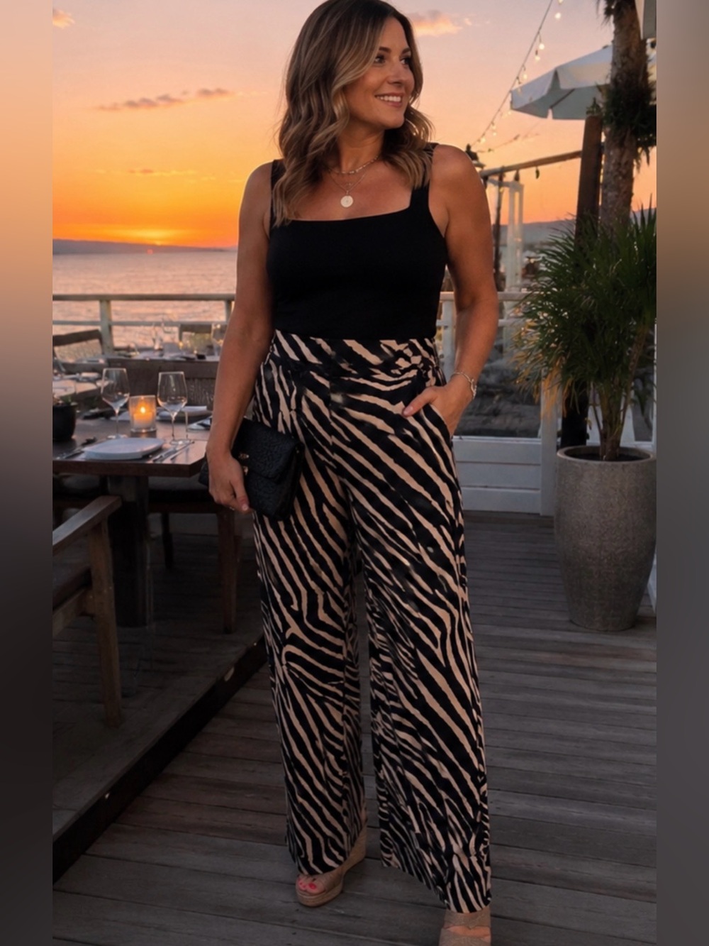 Laura Wide-Leg Zebra Print Pants for Women - Black & Beige XL Petite